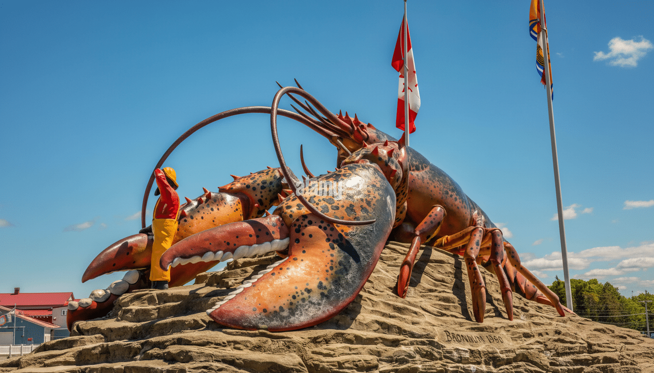 Une sculpture massive de homard avec une petite figure humaine à côté de sa pince, sous un ciel bleu clair avec des drapeaux en arrière-plan.